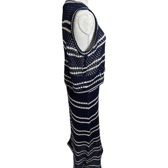 Solitaire Navy Blue/White Striped Crocheted 2-Piece Maxi Skirt & Top XL - Picture 4 of 14